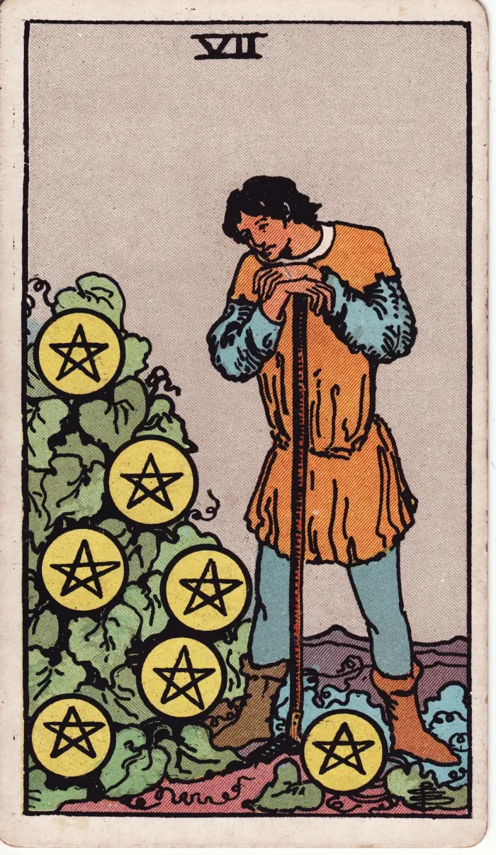 일곱 개의 동전(SEVEN OF PENTACLES) 타로카드 이미지